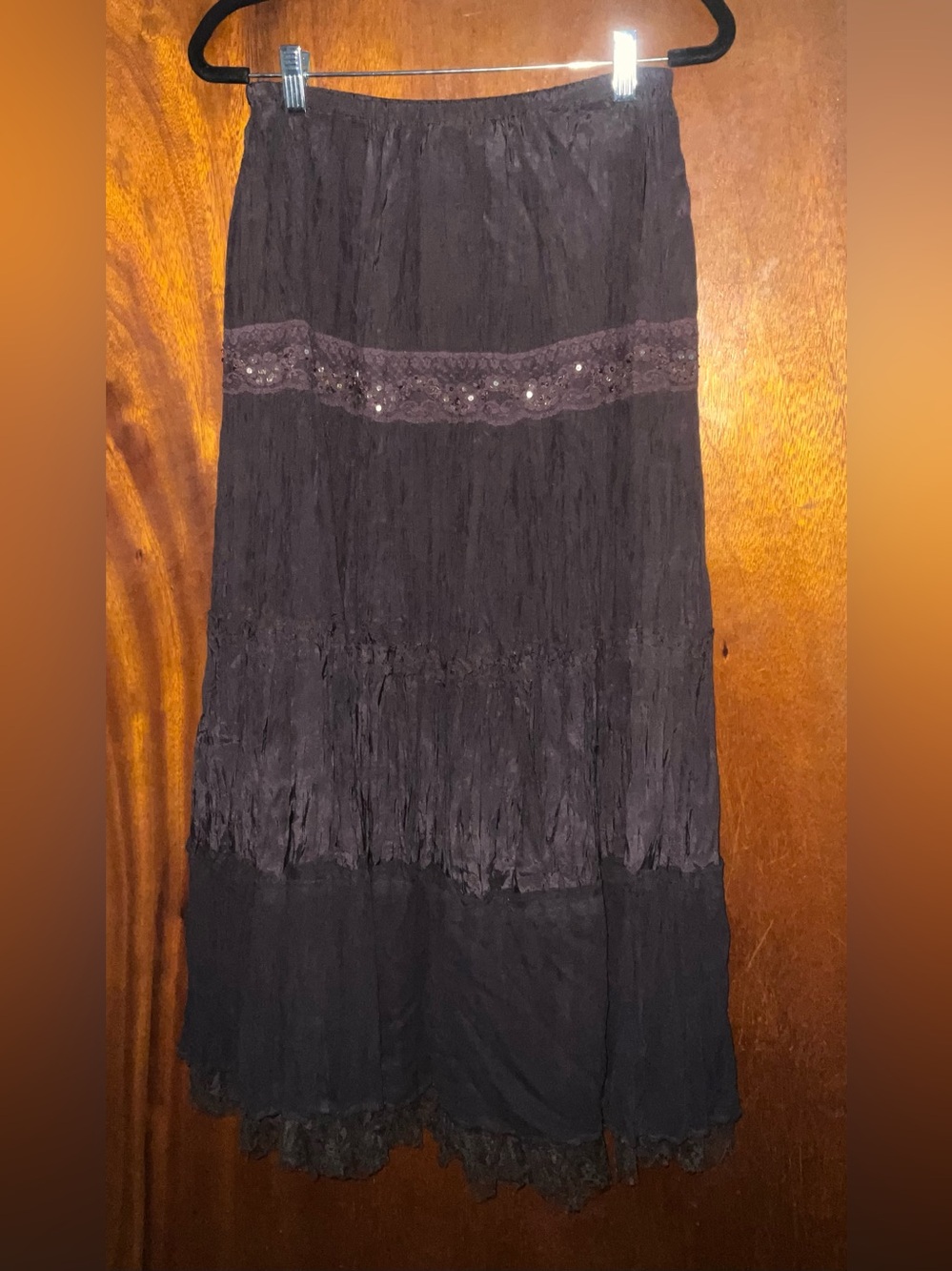 Chocolate brown Lace-Trim Maxi Skirt with Subtle Sequin Band